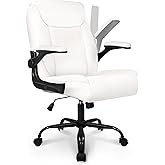 NEO CHAIR Office Desk Computer Chair Ergonomic Executive Mid-Back Leather Gaming Chair with Adjustable Flip-Up Armrests Wheels Swivel for Home Study Task (White)