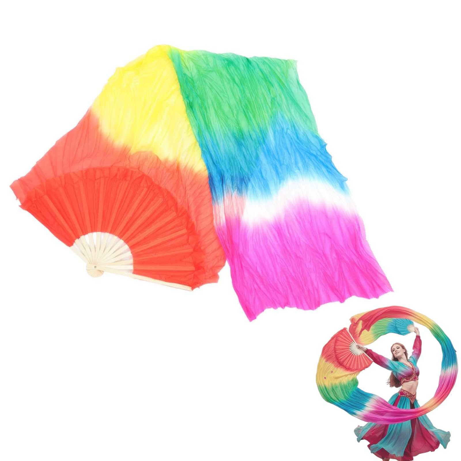 Veemoon 1Pc 1.8M Silk Belly Dance Fan Gradient Silk Long Dancing Fans Chinese Dance Bamboo Folding Veil for Dancers Stage Party Performance, Worship Dancing, Wedding Shows (Left Hand)