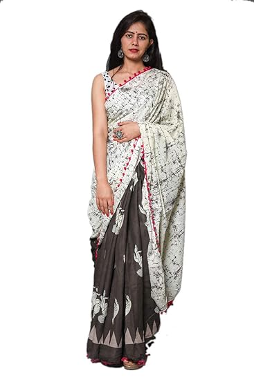 Womens Hand Block Jaipuri Print Cotton Mulmul Saree with Blouse (Multicolour)