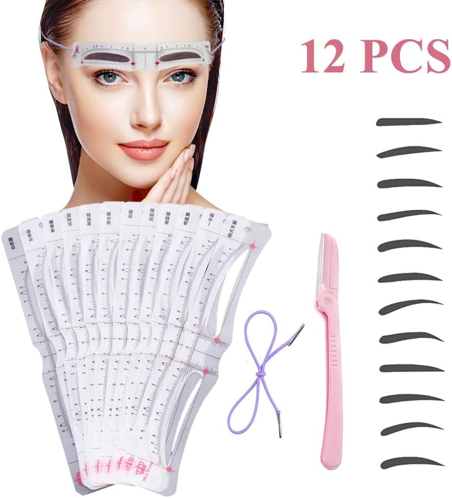 Eyebrow Stencil,12 Pcs Eyebrow Shaping Kit Reusable Eyebrow Microblading Template With Strap, Washable Eyebrow Assistant Tool,Eyebrows Grooming Stencil Kit Eyebrow Drawing Guide Card &Razor (White)