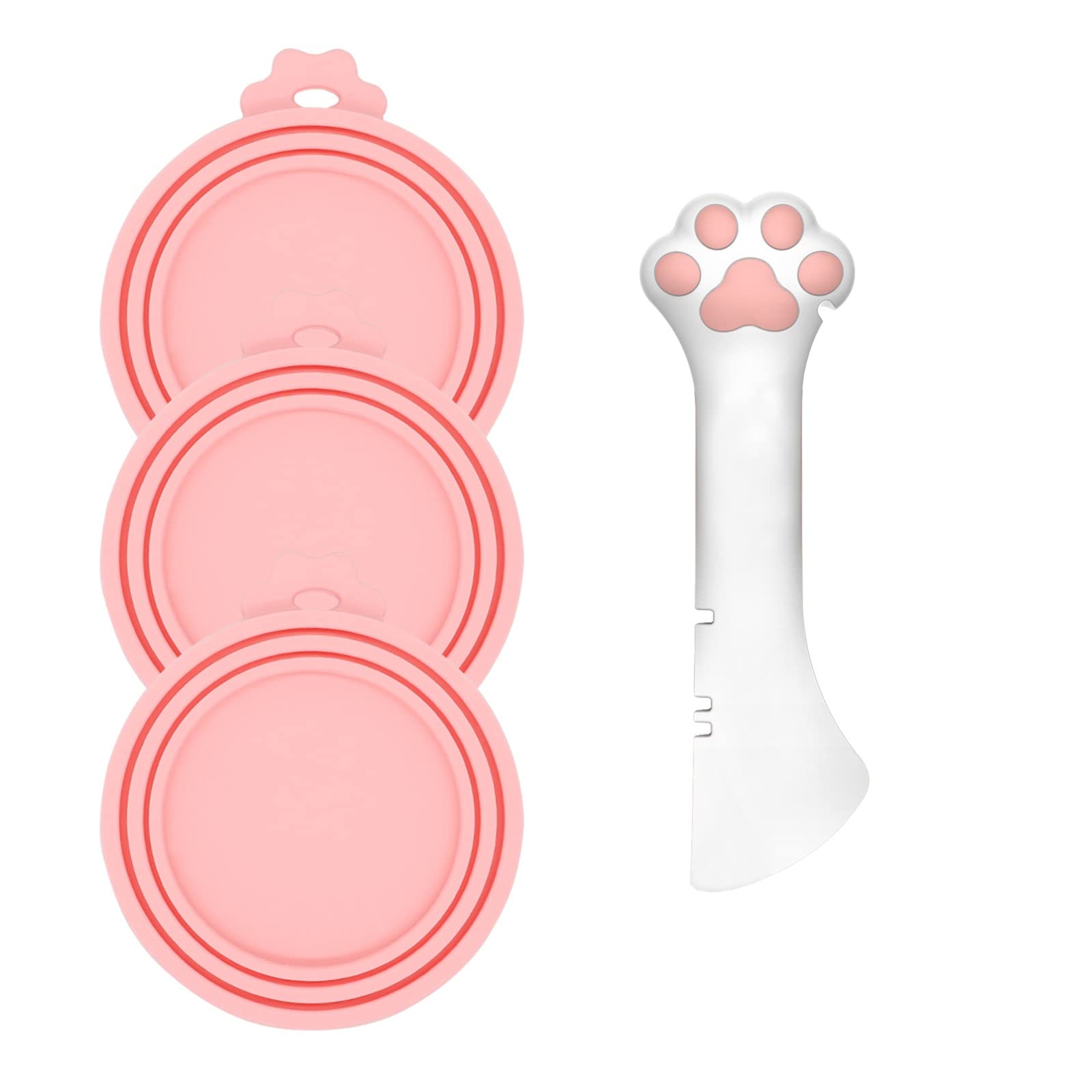 Photo 1 of ***MISSING PAW SHAPE SPATULA*** DORUI 3 Pcs Pet Food Can Lids & One Can Spoon | Cute Paw Shape Opener Spatula Cat Wet Food Spoon | Universal BPA Free Silicone Covers for Dog Cat Cans(Pink)