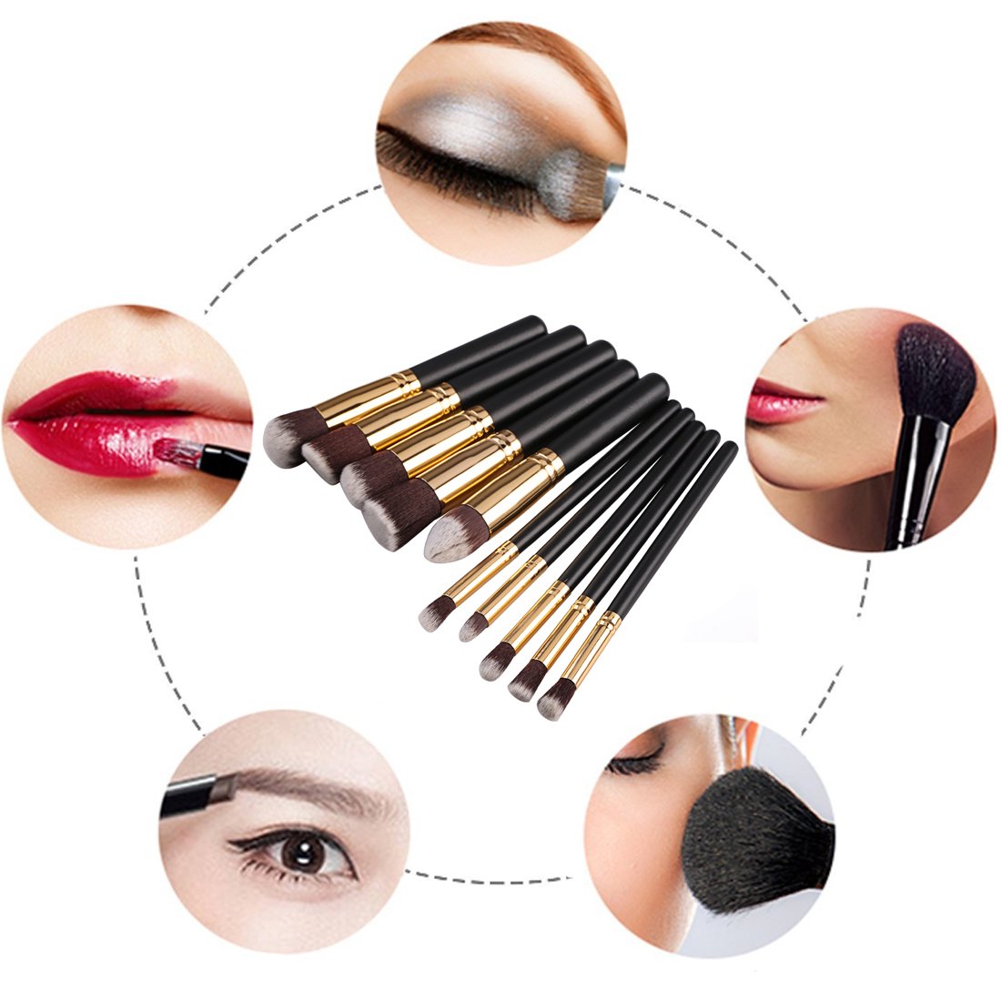 Pinceaux de maquillage, 10 pièces de brosses de maquillage cosmétiques, Brosse à Blush de 10 pièces, Pinceau aux yeux, aux lèvres, aux joues,Outils cosmétiques à Pinceau de Poutre Correcteur (Poignées Noires)