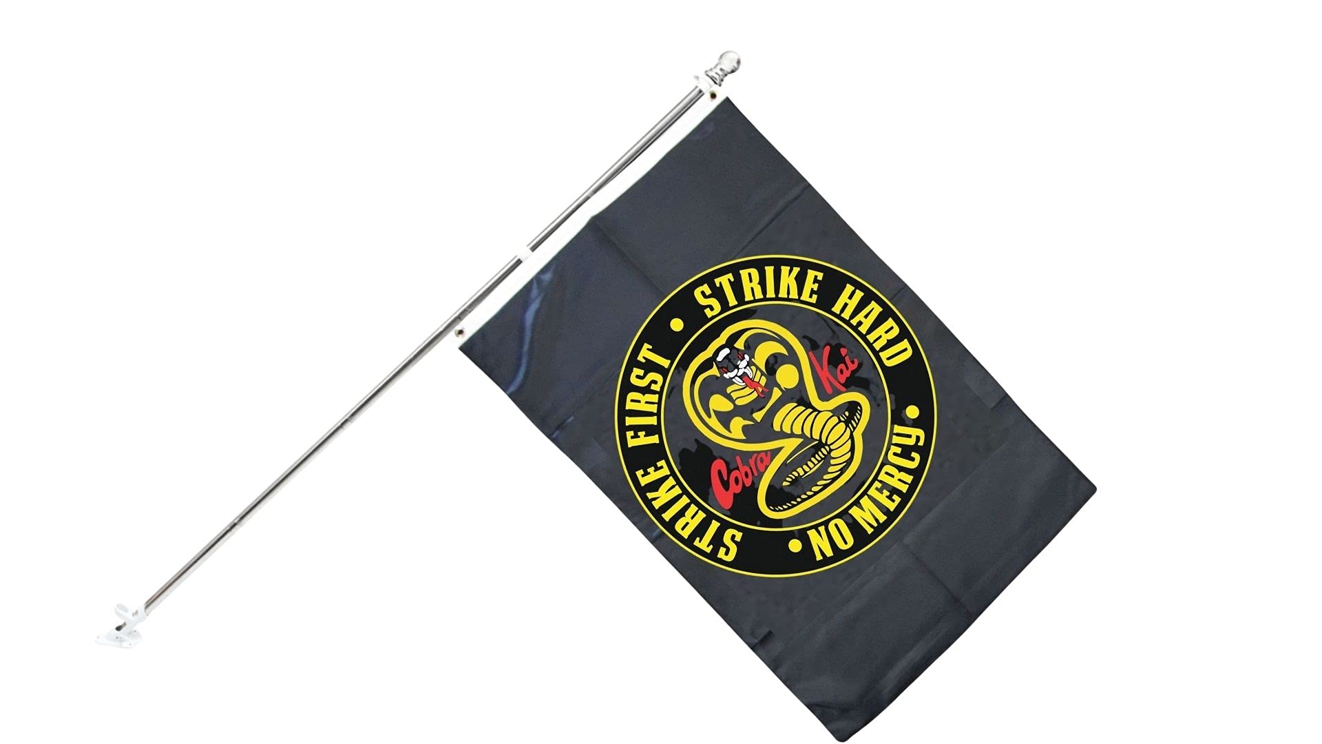 Strike First Strike Hard No Mercy FLAG 36inch x2 3inch Outdoor Decorations - Cobra Kai Banner Sign with Grommets for Yard, Advertising, Outdoor & Indoor Hanging Decor