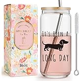 Funny Dachshund Drinking Glass Cup Dog Gifts for Women Men Dog Mom,It's Been A Long Day,Weiner Dogs Gifts for Women,Cute Dachshund Birthday Christmas Coffe Glass Tumbler with Lid and Straw Gift -19