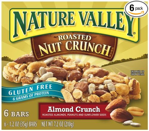 Nature Valley granola bars roasted nut almond crunch almonds, peanuts, sunflower seeds, sugar, corn syrup, salt. (016000146228)