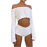 GORGLITTER Women's Two Piece Short Set Crochet Beach Summer Outfits Off Shoulder Long Sleeve Crop Top and Shorts Set