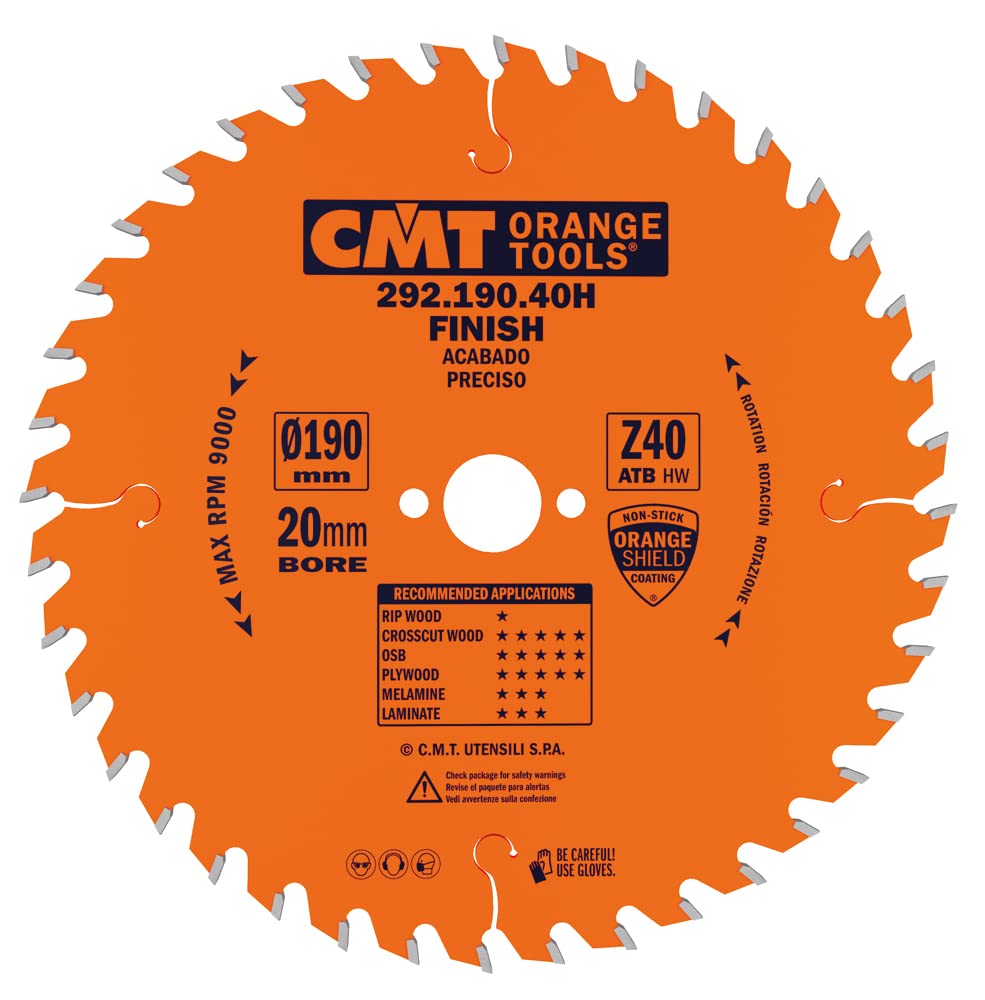 CMT Orange Tools, Circular Saw Blade, 190 mm x 2.6 mm x 20 mm, Z 40, ATB 15 Degrees, 292.190.40h