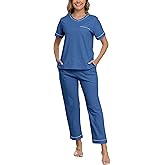 CF Women's 100% Cotton Pajama Sets Soft Short Sleeve Tops & Pants Comfy Sleepwear 2 Piece Lounge set with Pockets Loungewear