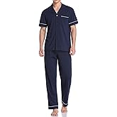 COLORFULLEAF Men's 100% Cotton Pajamas Set Button Down Sleepwear Short Sleeve and Long Pants Pjs