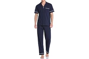 COLORFULLEAF Men's 100% Cotton Pajamas Set Button Down Sleepwear Short Sleeve and Long Pants Pjs