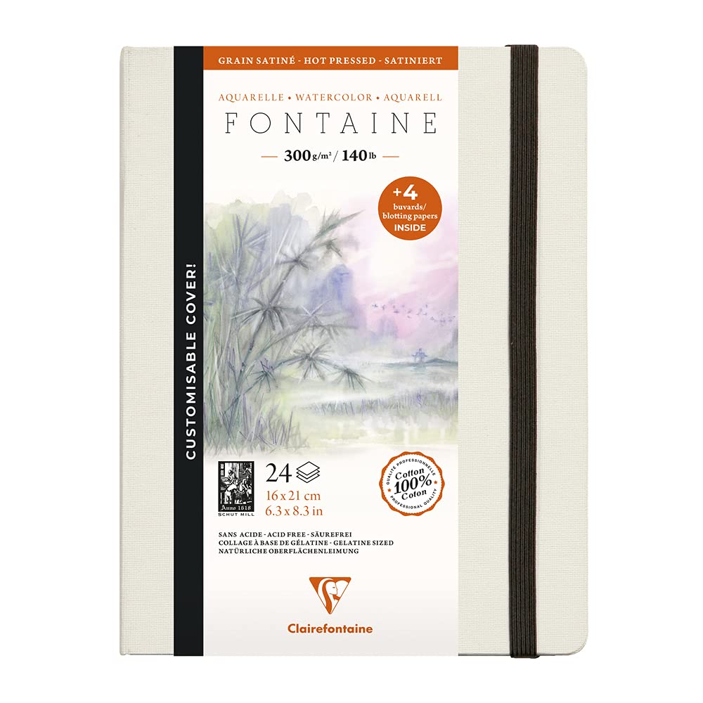 Clairefontaine - Ref 975442C - Fontaine Hot Pressed Sewn Watercolour Book (24 Sheets) - 21 x 16cm Size, 300gsm Paper - Suitable for Watercolour Artwork, Black