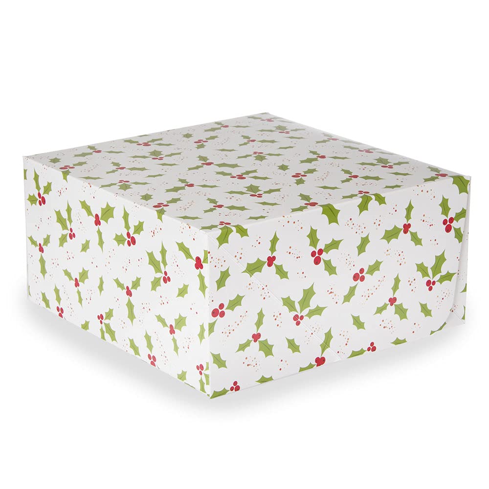Anniversary House 10-inch Christmas Cake Boxes with Holly Print - Recyclable Paper Packaging for Festive Bakes, Gifts, Cookies, Brownies & Treats - Includes Insert Cards - 1-Pack, 12.7 x 26 x 26cm