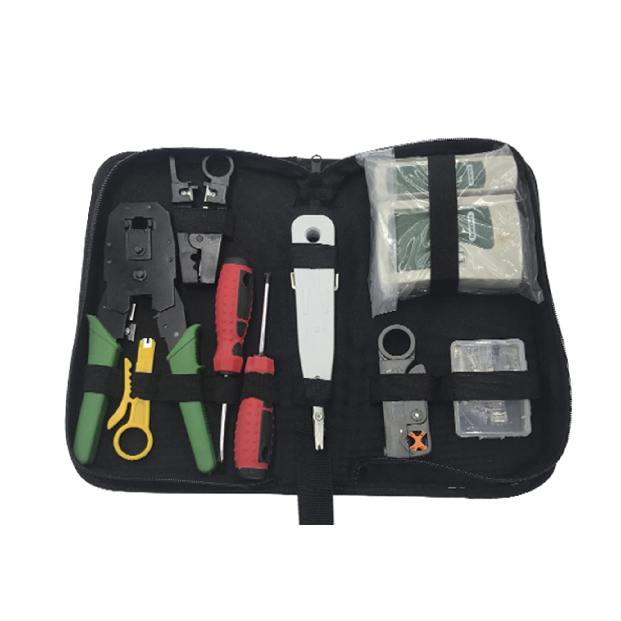 Safekom RJ45 RJ11 Ethernet Cable UTP SSTP FTP Kit Crimper Crimping Tool with Stripper Network Cat5e Cat6 Cat7 Tester Tool Kit Punch Down 2x Screwdrivers Oubao & Black Stripper 10 Modular Connector
