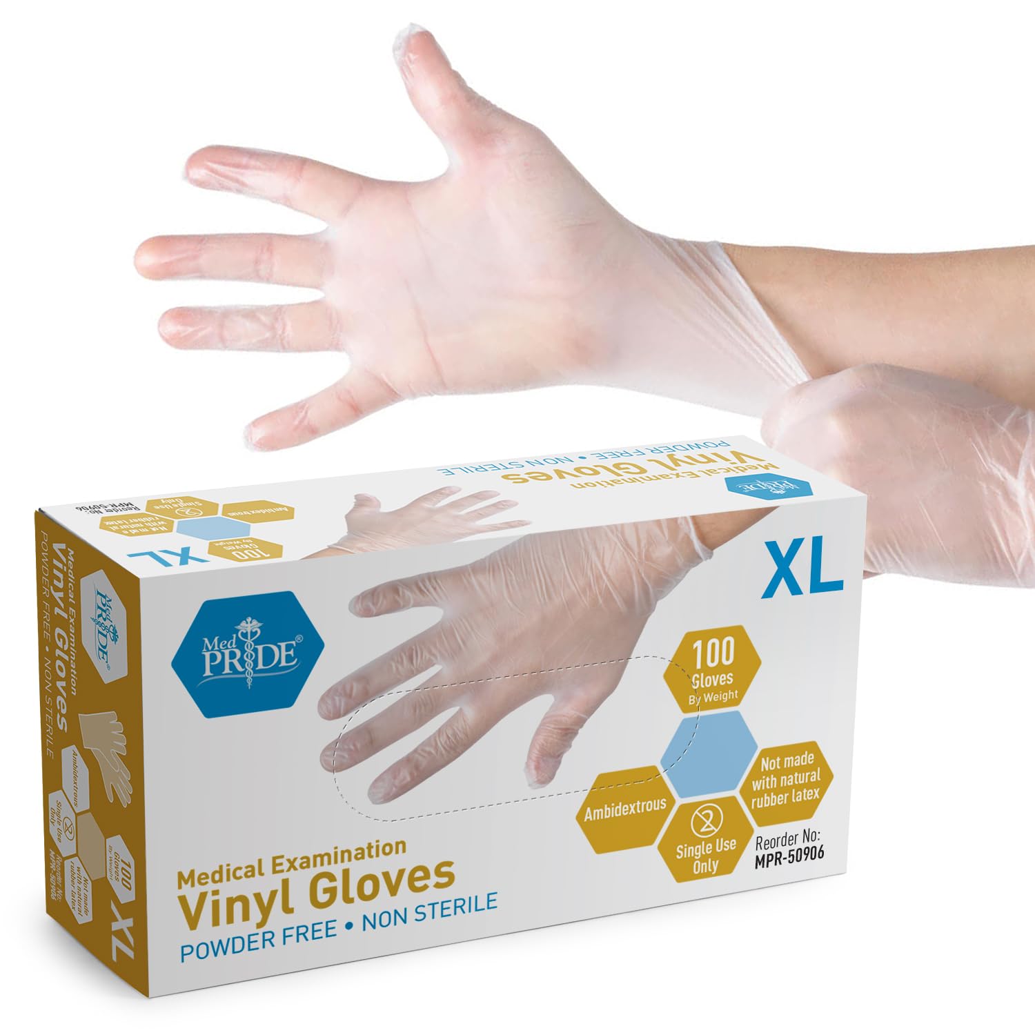 Photo 1 of MED PRIDE Medical Vinyl Examination Gloves (X-Large, 100-Count) Latex & Rubber Free, Ultra-Strong, Clear Disposable Powder-Free Gloves for Healthcare & Food Handling Use