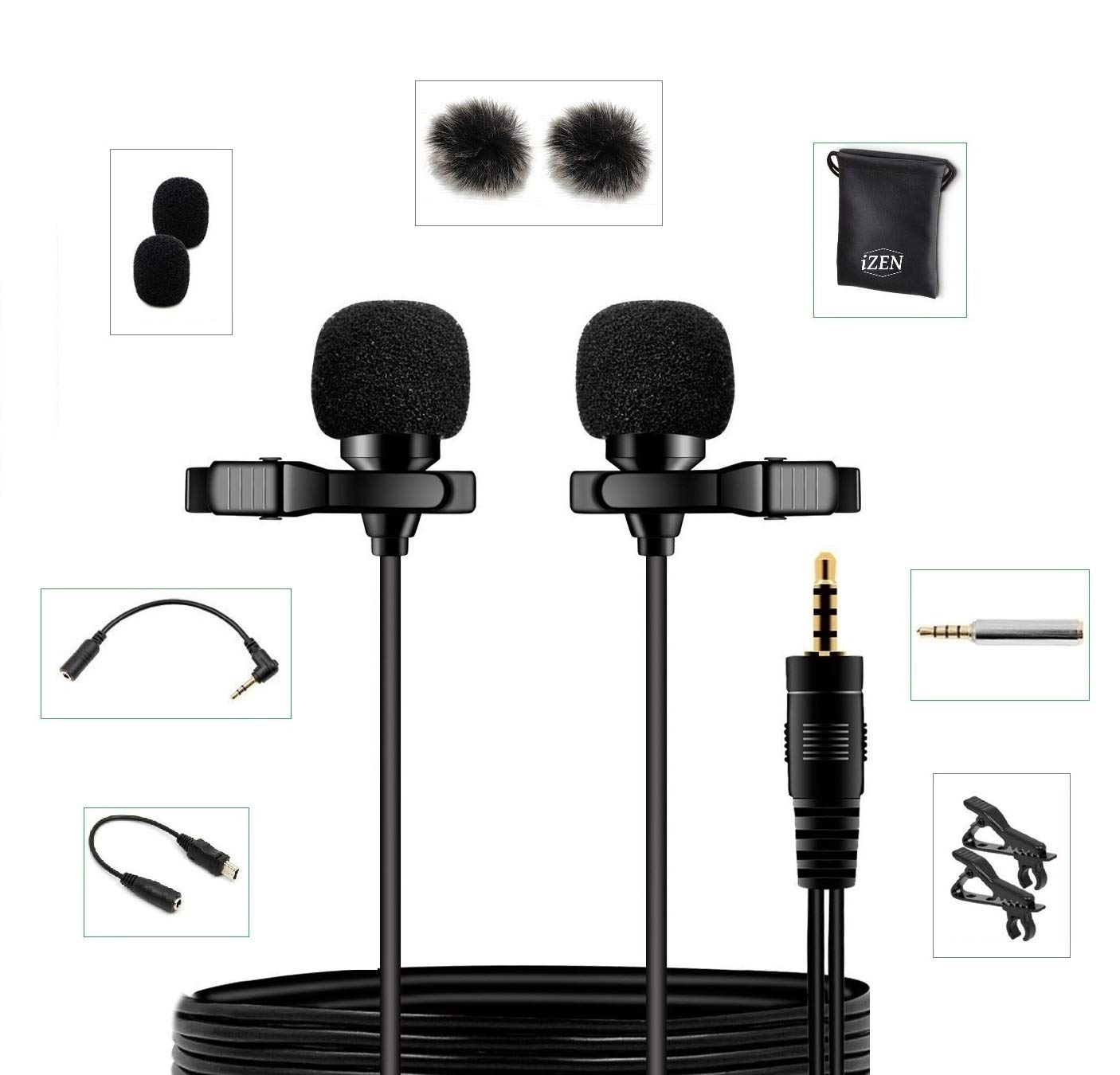 iZEN Dual Lavalier Microphone Dual Head 2 Microphones great for Voice Recording, Smartphones, Cameras etc