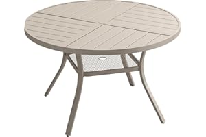 DIFY 40.6" Round Outdoor Patio Dining Table for 4, All-Weather Metal Steel Slatted Patio Table with 1.57" Adjustable Umbrella Hole, for Lawn Garden Porch Backyard, Sandshell