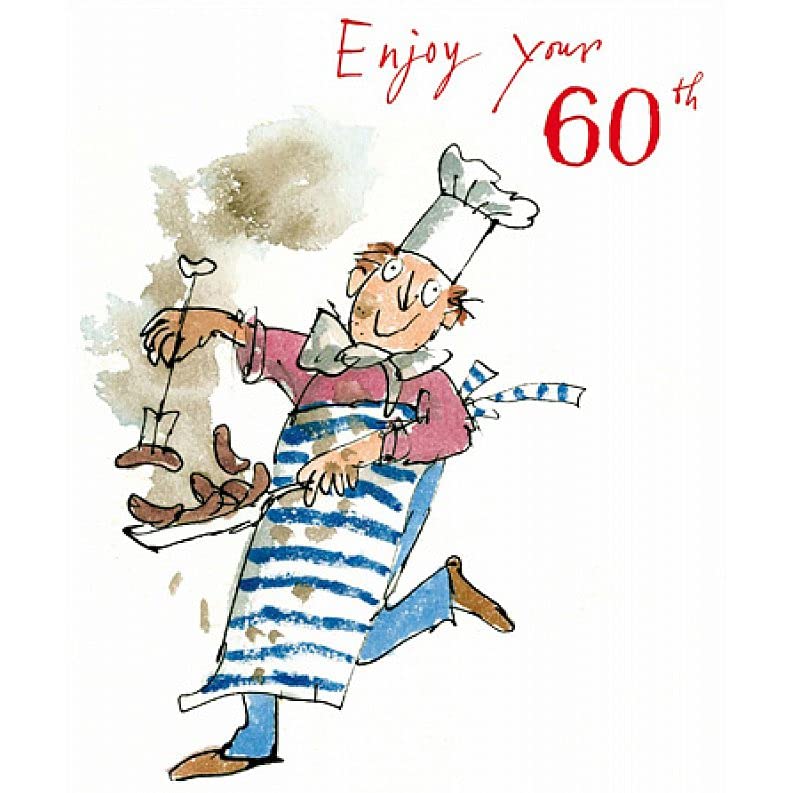 Illustrated Male 60th Birthday Card (WDM-456541) - Chef Cooking Sausages, Enjoy Your 60th - Greeting Card for Him from The Quentin Blake Range