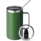 Volhoply 24oz Insulated Coffee Mug with Lid and Straw, Stainless Steel Travel Mugs with Handle, Double Wall Vacuum Leak Proof Coffee Tumbler Cup (Army Green,1)