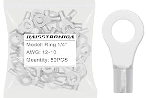 haisstronica 50pcs 1/4" Ring Terminals,AWG 12-10 Brazed Seam Non-Insulated Copper Wire Connectors
