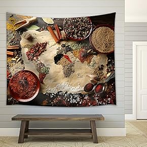 Map of World Made from Different Kinds of Spices on Wooden Background - Fabric Wall Tapestry Home Decor - 51x60 inches