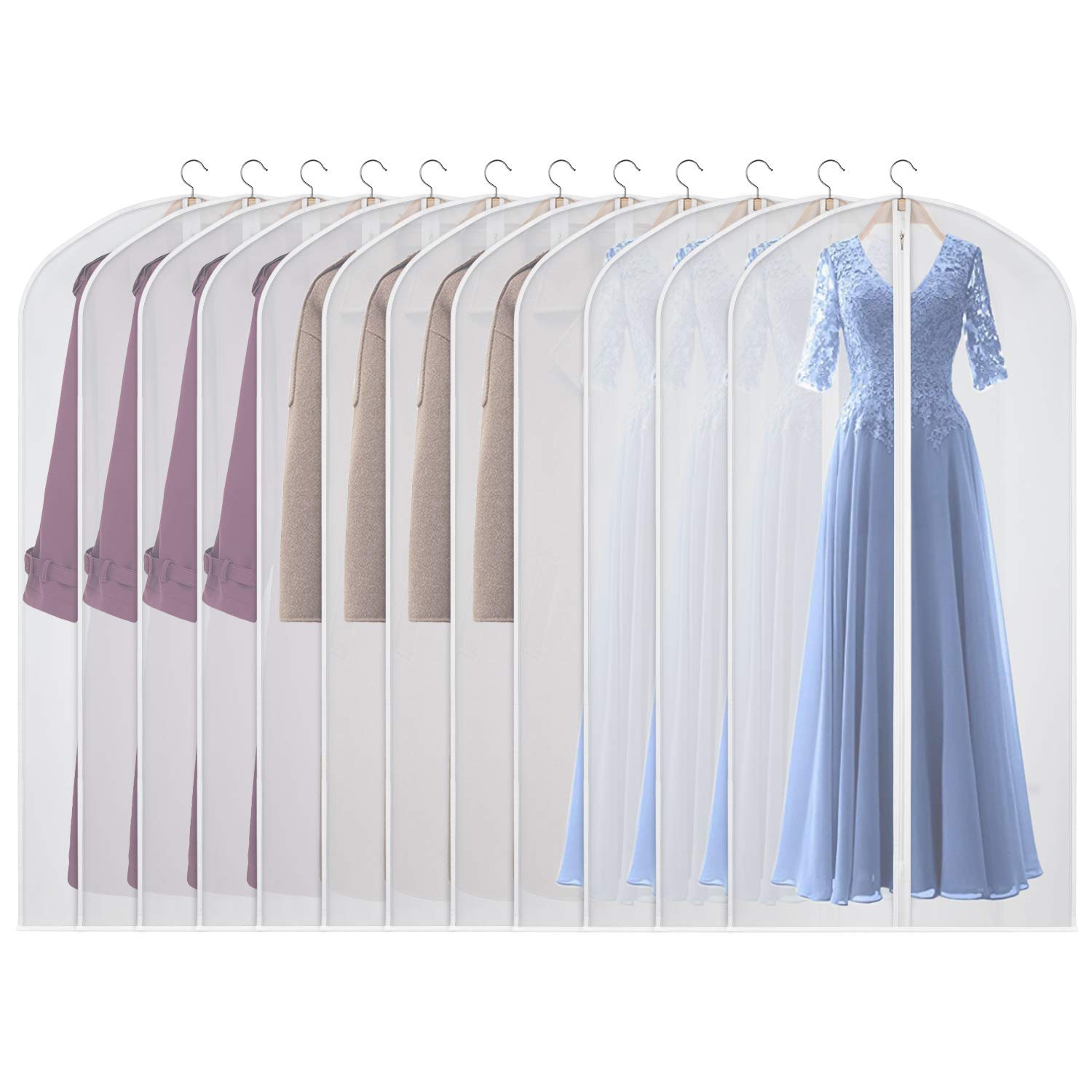 Univivi Hanging Garment Bags, 60 inch Suit Bags for Storage (Set of 12), PEVA Moth-Proof Breathable Dust for Long Dress Wedding Dress Bag, Clothes Covers for Coats, Suits, Gowns (60cm*152cm)