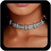 Jugielu Boho Teal Turquoise Necklace Choker Turquoise Chunky Collar Necklace Silver Thick Collarbone Necklaces Vintage Western Tribal Gypsy Statement Link Chain Necklaces Jewelry for Women