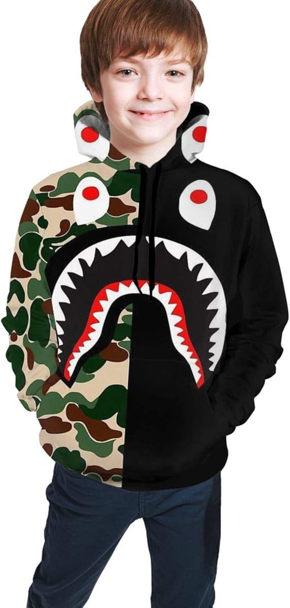 Unisex 3D Print Ba-pe Shark Mouth Teeth Hooded with Pocket Sweatshirt for Boys/Girls/Teen/Kid