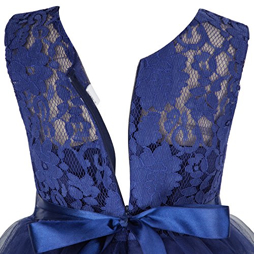 Acecharming Girls Lace Bridesmaid Wedding Dress with Bowknot Princess Prom Party Tulle Gown for 9-10 Year (Navy Blue) - Thumbnail 7