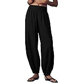 UANEO Womens Baggy Pants Pull On Cotton Linen Smocked Elastic Waist Tapered Relaxed Harem Trousers with Pockets