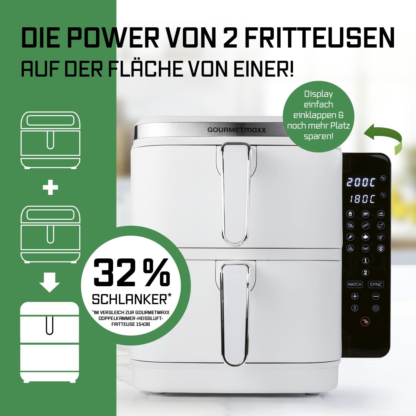 GOURMETmaxx FryUp Vertikale Doppelkammer Heißluftfritteuse | vertikaler Airfryer | klappbares Touchdisplay | 32% platzsparender | Fassungsvermögen 10L | Heißluftfritteuse 2 Kammern 2