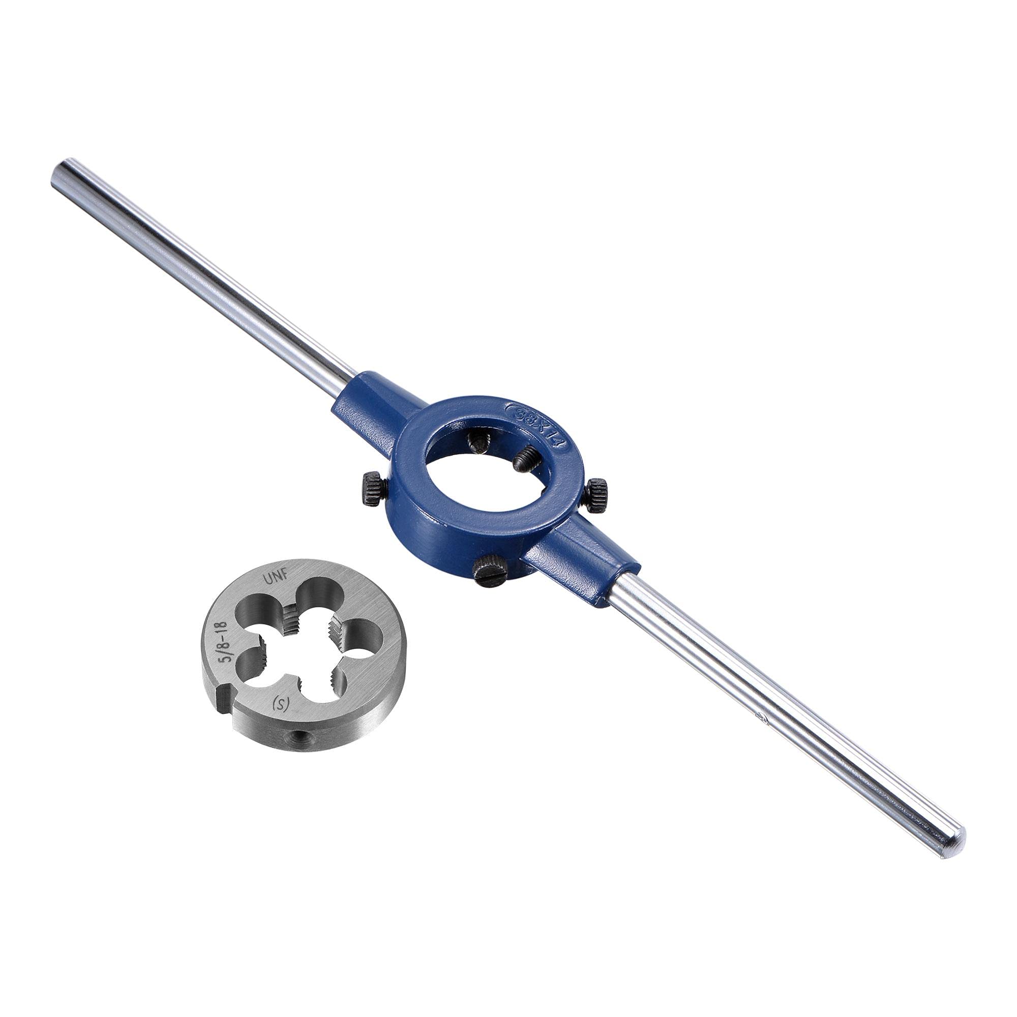 sourcing map Round Die Stock Handle Wrench Set, 5/8-18 UNF Threading Die and 38mm (1-1/2") Die Holder (Fits: 26mm-38mm OD Die / M12-M16 Thread Die) Adjustable for Bolt Thread Repair