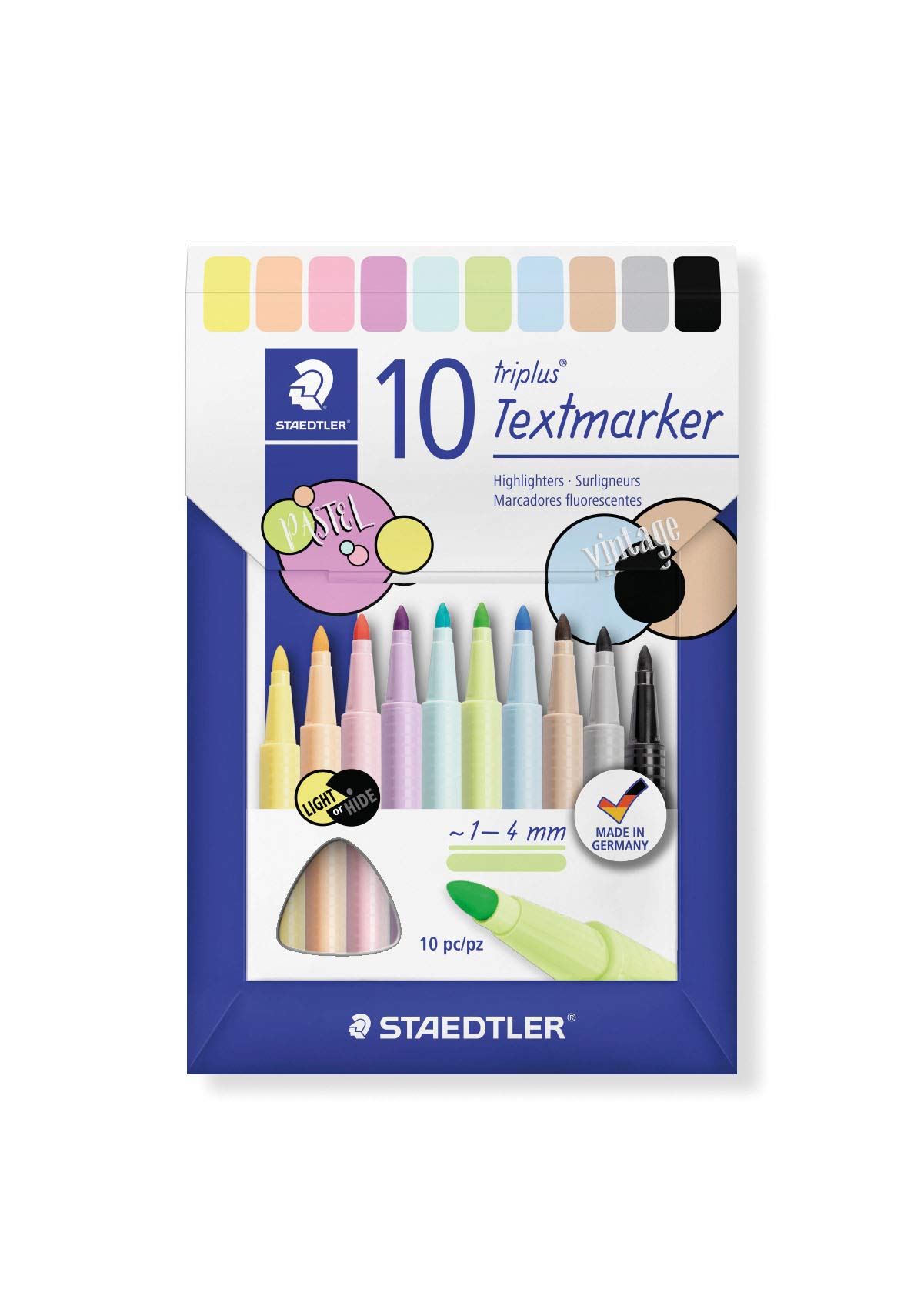 STAEDTLER Triplus highlighter, ergonomic triangular shaft, line width 1-4 mm, dries in seconds, PP barrel long service life, 10 highlighters in cardboard case, 362 C10