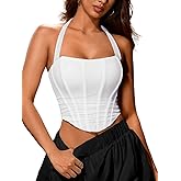 ChiaoLezhee Women's Halter Mesh Corset Crop Top, Ruched Asymmetrical Hem, Boned Lace-Up Bustier for Going Out Fit Sizes 00-14