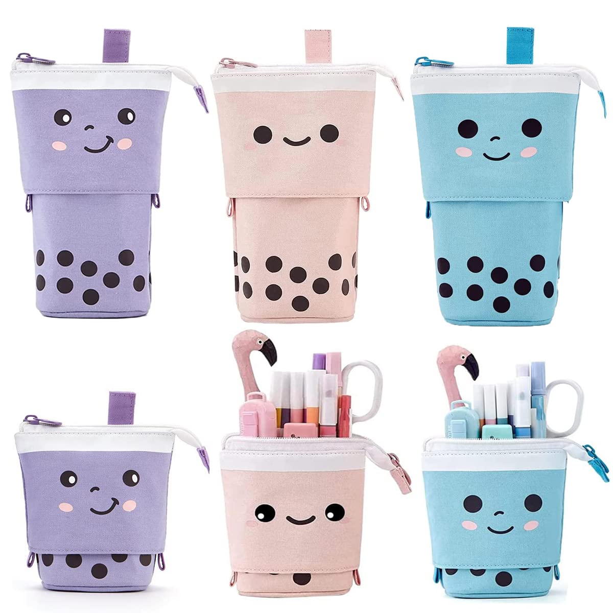 RoadLoo Stand Pencil Holder, 3 Pieces Telescopic Cartoon Cute Pencil Case Cosmetic Durable Canvas Stationery Makeup Bag for Boys Girls Students and Office Supplies