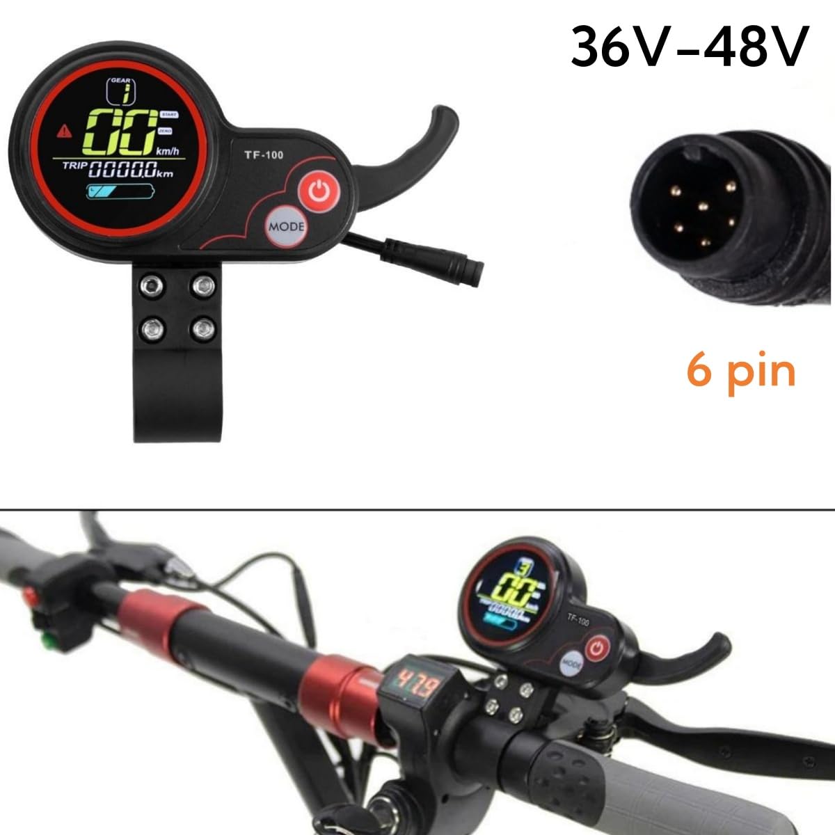 TF-100 6 PIN Electric Scooter Thumb Throttle Speedometer with LCD Display, 24V/36V/48V LCD Display Meter Finger Throttle, 2 in 1 Waterproof Plug for KUGOO M4/Pro Electric Scooter Parts (6 PIN)