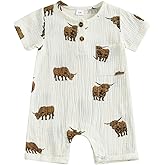 Chloefairy Newborn Baby Boy Western Clothes Highland Cow Romper Short Sleeve Cotton Linen Jumpsuit Cowboy Summer Outfit
