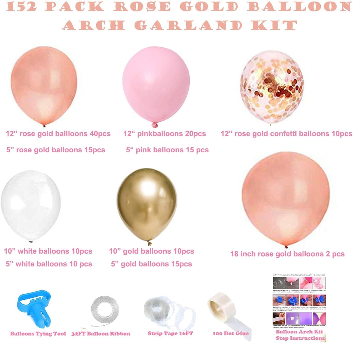Rose Gold Balloon Garland Arch Kit, 152 Pieces Rose Gold Pink White and Gold Confetti Latex Balloons for Baby Shower Wedding Birthday Graduation Anniversary Bachelorette Party Background Decorations: Toys & Games