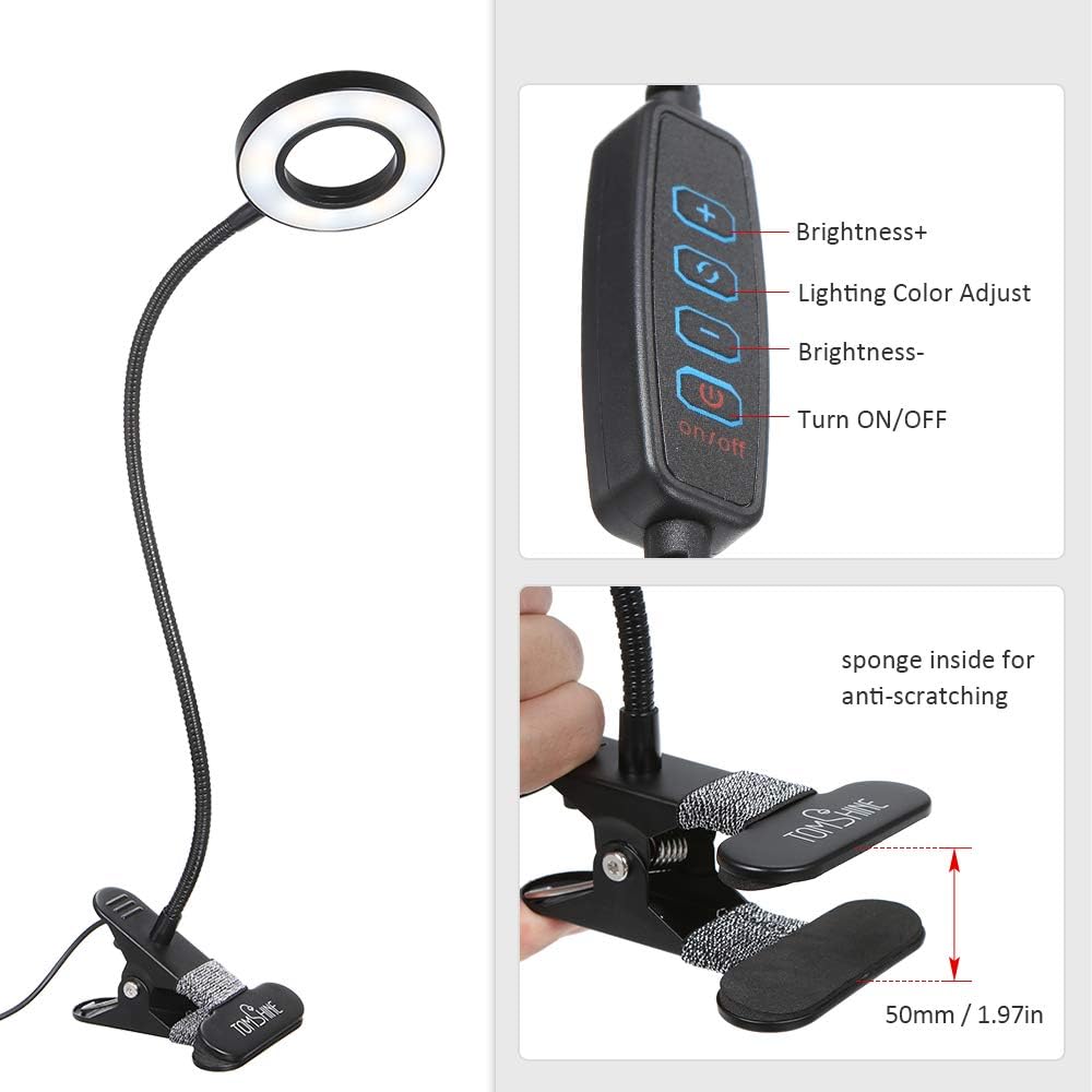 Tomshine Book Light, Metal Clip on Light with 3 Colors, 10-Level Brightness Reading Lamp with Clip for Desk, Bed - - 