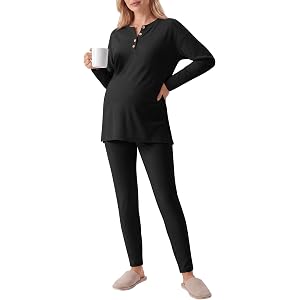 Huukeay 2 Piece Maternity Nursing Pajama Set | Soft Maternity Pajamas, Henley Nursing Neck, Side Split Top, Postpartum Lounge