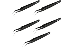 AOJE LINK-ELECTRIC Aoje-Link ESD-15 Professional Anti-Static Precision Technology Tweezers, Non-magnetic Fine Tip Curved, Stainless Steel Plastic Coated, Full Length 120mm, Black, 5pcs