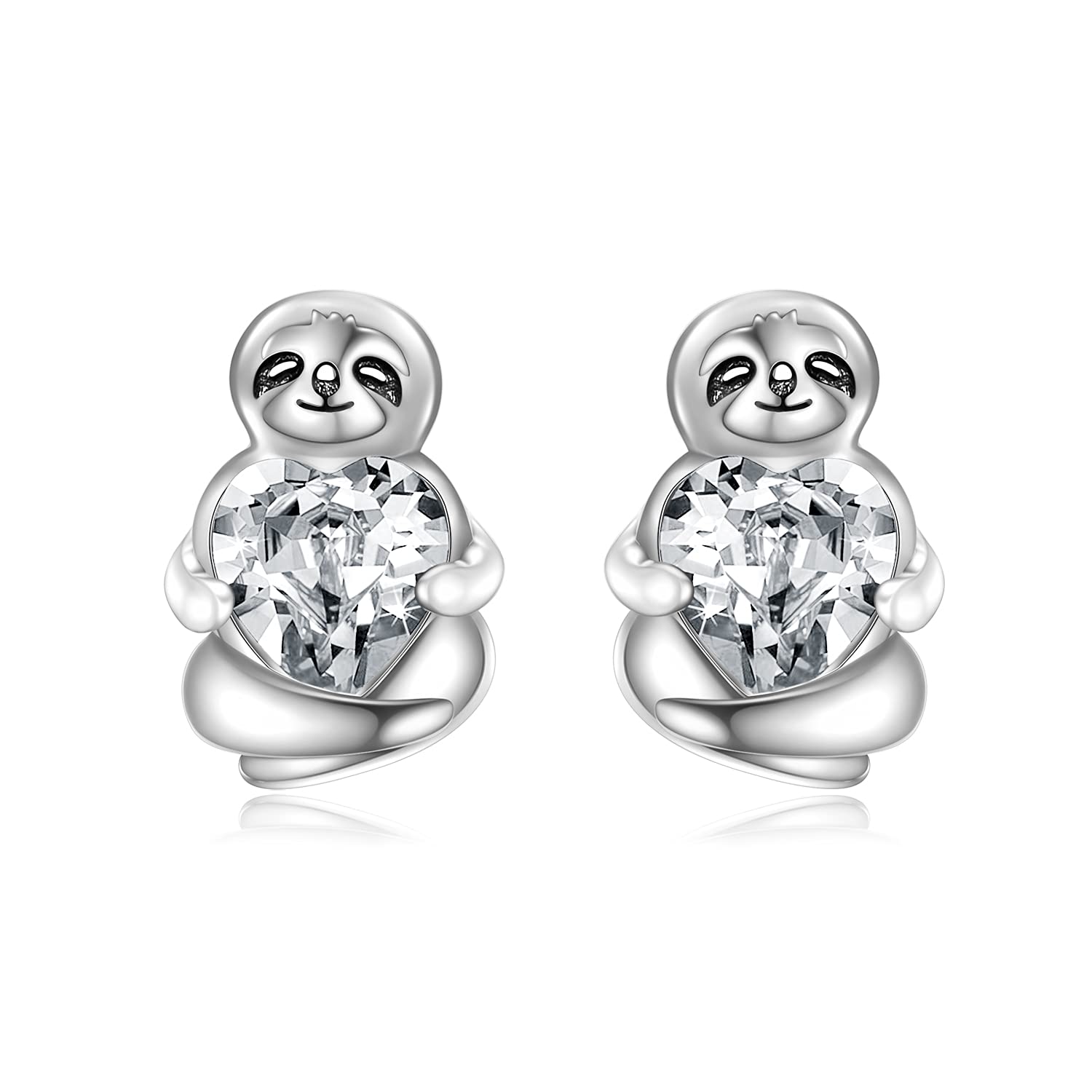 Sterling Silver Sloth Stud Earrings with Heart Crystals, Birthday Sloth Gifts for Women Girls Her (White)