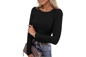 Dazevt Womens Long Sleeve Stretch Crewneck Ribbed Knit Tops Slim Fitted Underscrubs Casual Basic T Shirt