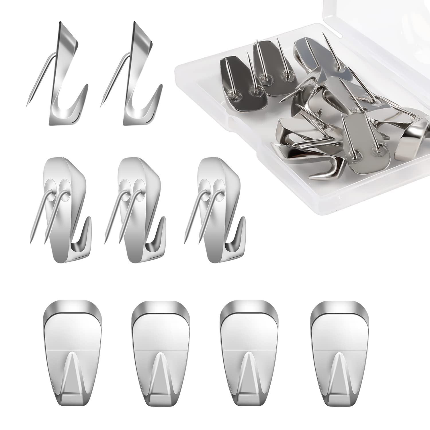 SAVITA 20pcs Cubicle Hooks for Fabric Walls, Decorative Push Pin Hooks Metal Picture Hanger Nails with Plastic Case for Wooden Boards Walls Hanging Clock Key Chain Photo Frame (Silver)