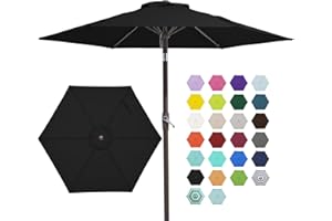 JEAREY 7.5FT Patio Umbrella Market Table Umbrella with 6 Sturdy Ribs, Push Button Tilt/Crank Outdoor Umbrella for Garden, Deck, Backyard, Pool and Beach,Black