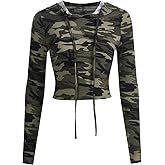 WDIRARA Women's Camo Cropped Hoodie Drawstring Long Sleeve Hooded Sweatshirt Slim Pullover Tops