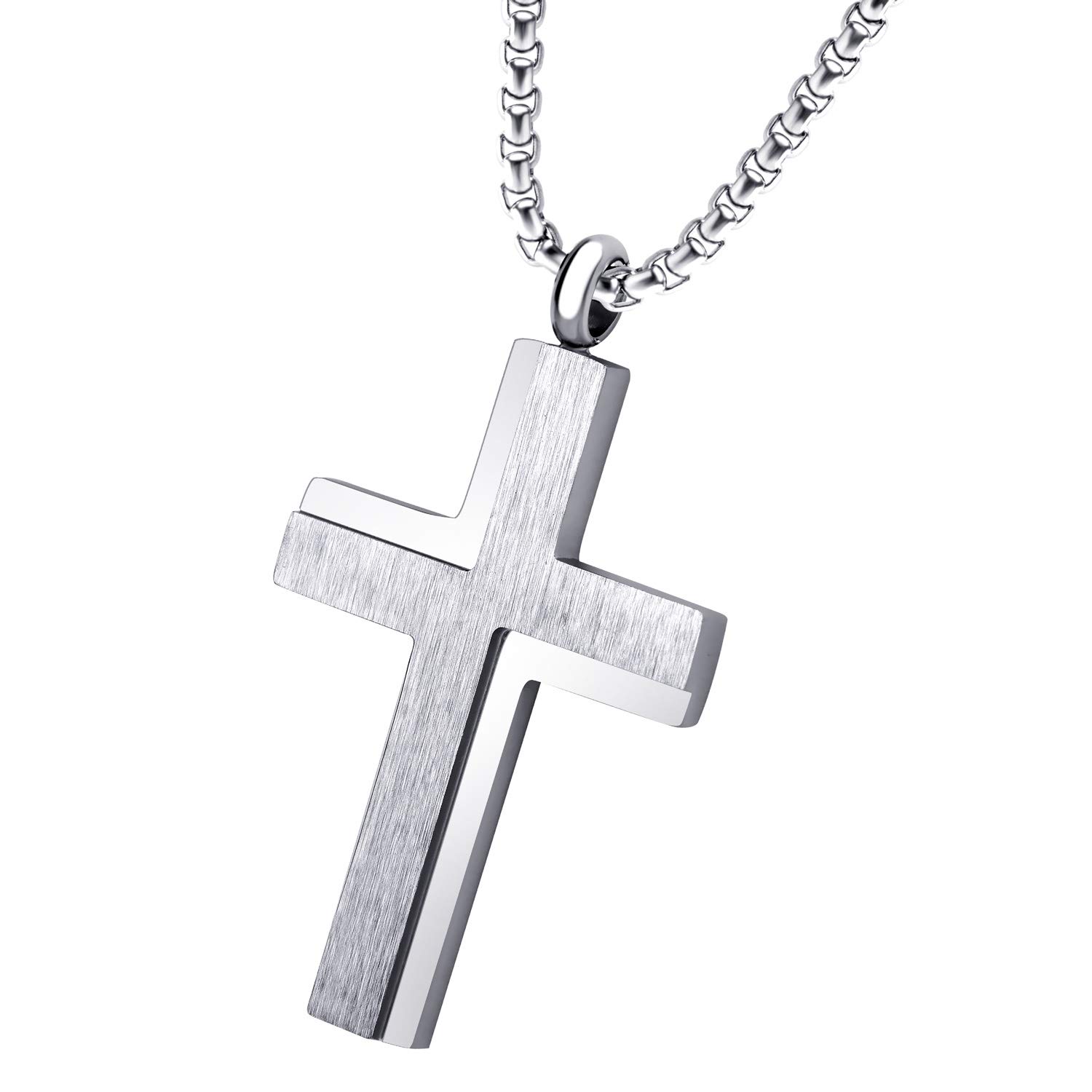 555Jewelry Stainless Steel Cross Necklace for Men, Cross Necklace for Women, Box Link Chain, Cross Pendant for Men, Womens Cross Necklaces, Cross Necklaces for Men, 24 Inch, Silver