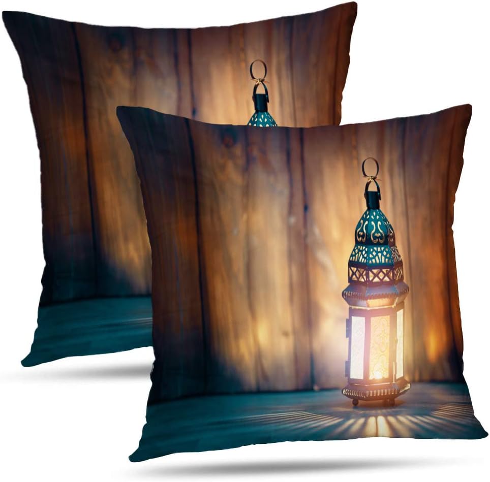LALILO Glam Pillow Covers, Ornamental Arabic Lantern with Burning Candle Night Festive Greeting Card Double-Sided Pattern Pillowcase for Decoration Sofa Cushion Home Bed 16 x 16 Inch