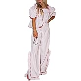 Argeousgor Women Plaid 2 Piece Pajama Set Button Down Puff Sleeve Babydoll Shirt Gingham Pants Pj Lounge Set Sleepwear