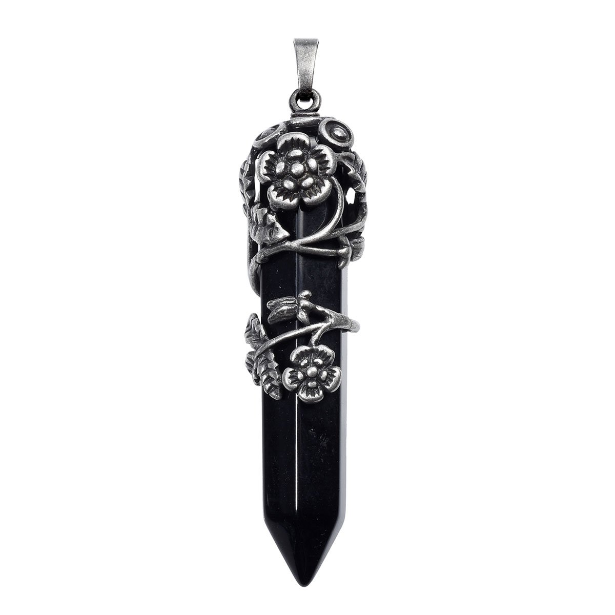 QGEM Healing Point Black Agate lap-ups Ancient silver Hexagonal Prism Pendants with 24\