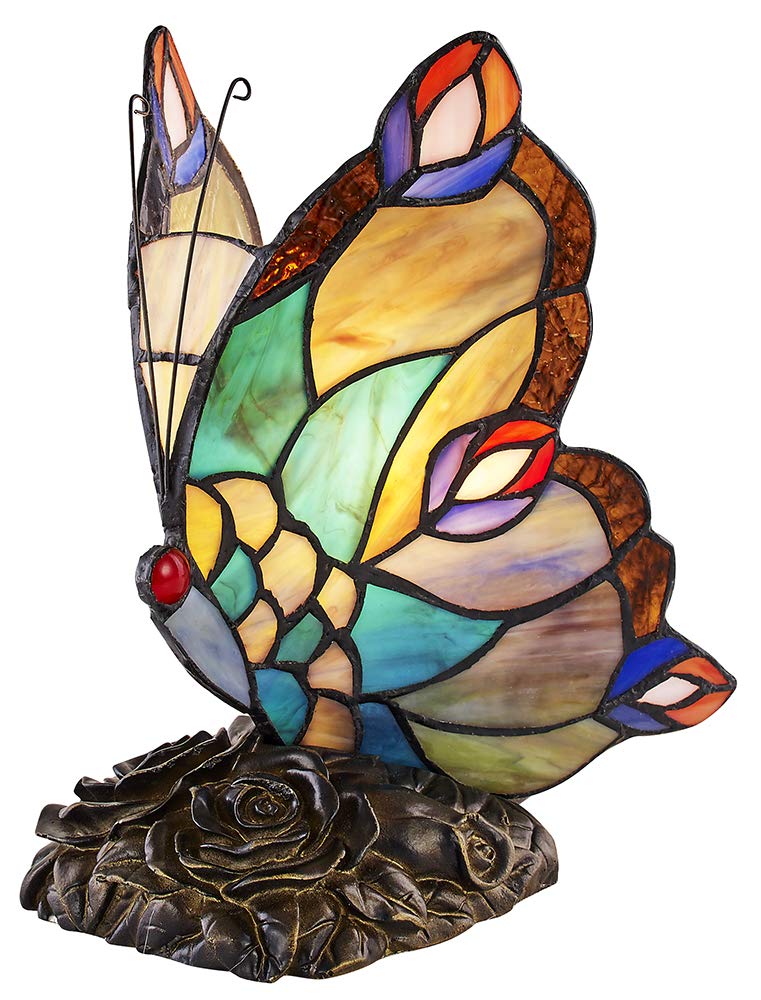 Happy Homewares Beautifully Handmade Multi-Coloured Glass Butterfly Tiffany Lamp with Uniquely Designed Antique Bronze Resin Base